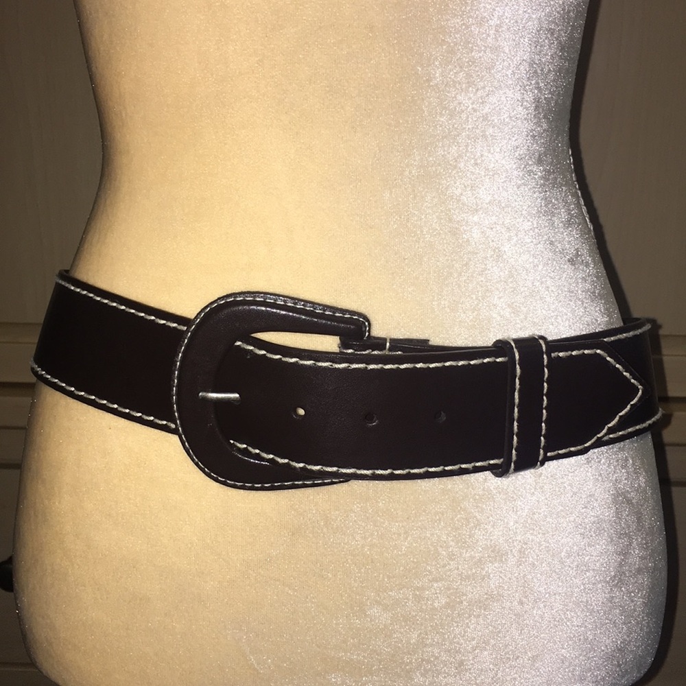 Wide Chocolate Brown leather belt white stitching